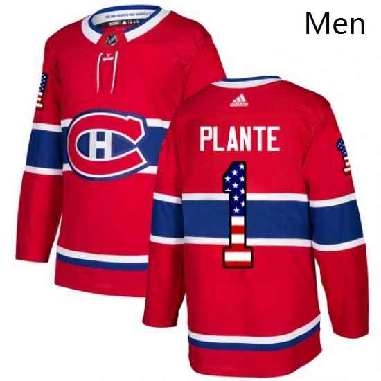 Mens Adidas Montreal Canadiens 1 Jacques Plante Authentic Red USA Flag Fashion NHL Jersey